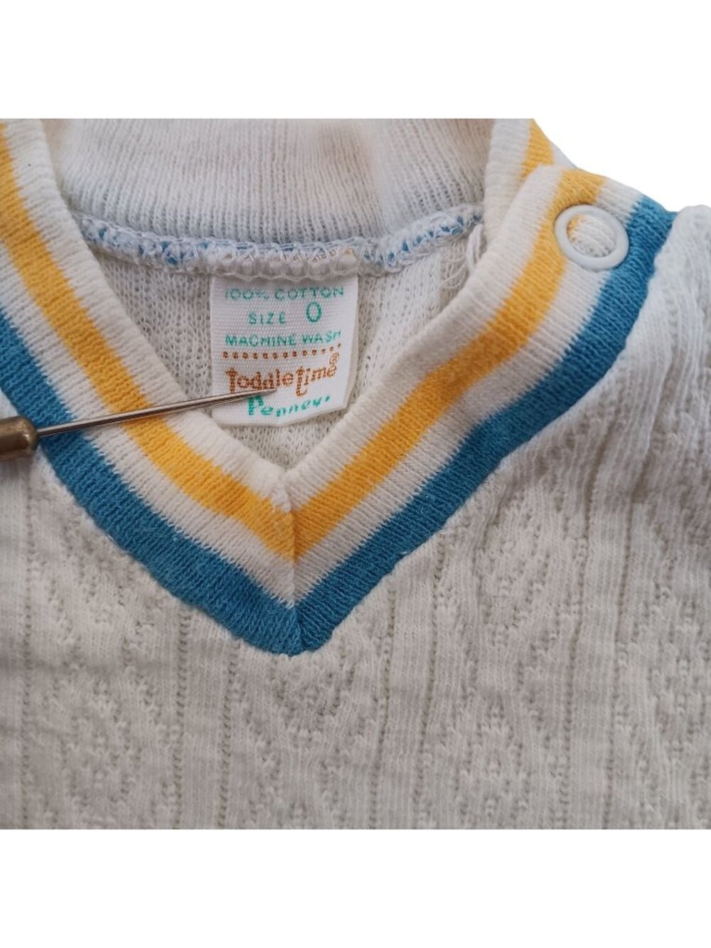 Vintage Toddler Time Baby Romper sz 0 White Cotton newborn Knit Blue Yellow Trim